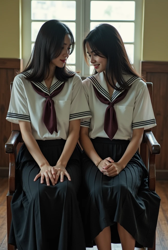 nsfw,(Tabletop:1.2, Highest quality:1.2), 32k HDR, High resolution, ((Two contrasting women)),((Two women in love)),((Two women hugging each other)),Japanese women,(Tattoo),Goth Punk Haircut, Flat bangs, Black lipstick, Medium chest, Earrings,Crouching posture,両足を開いてsquat,Show off your crotch,Both arms are chained,Handcuffs,Showing nipples,One is blonde,Dimly lit room,squat,Embarrassed, moist eyes,Sad expression,Looking into the camera,Very beautiful eyes, Flat Chest,Tragic,A fleeting expression,((Both have)),((The penis is growing)),((ejaculation)),((Rubbing the penis)),((Straight erect penis)),((全身にTattoo)),(Deep Kiss),(Constraints),(rope),(Bondage),(ropeで縛られている),(Tortoiseshell binding),commit,suck,lick,(Hanging),((Sailor suit)),classroom,((School)),(uniform),((Sailor suitの女生徒)),Highest quality、masterpiece、8K、Realistic、超High resolution、Very delicate and beautiful、High resolution、Cinema Lighting、medium range shooting、Perfect female body、Beautiful woman、Mature Woman、Beautiful Eyes、Cityscape、(Hime cut:1.8、Red eyes,short hair:1.8,Black Hair,Purple ribbon),((Female police officer:1.4,紺色のFemale police officer,Female police officer'cap,Uniform Buttons,Navy blue tie,uniformジャケット,White gloves)),pantyhose,Pencil Skirt,Stiletto heel pumps,Police Badge,Epaulettes、