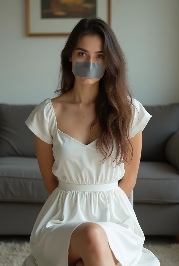 (photorealism:1.2), beautiful woman, dressed in shiny silk-clothes, tightly gagged with micofoam tape and firmly tied up with white cotton rope.