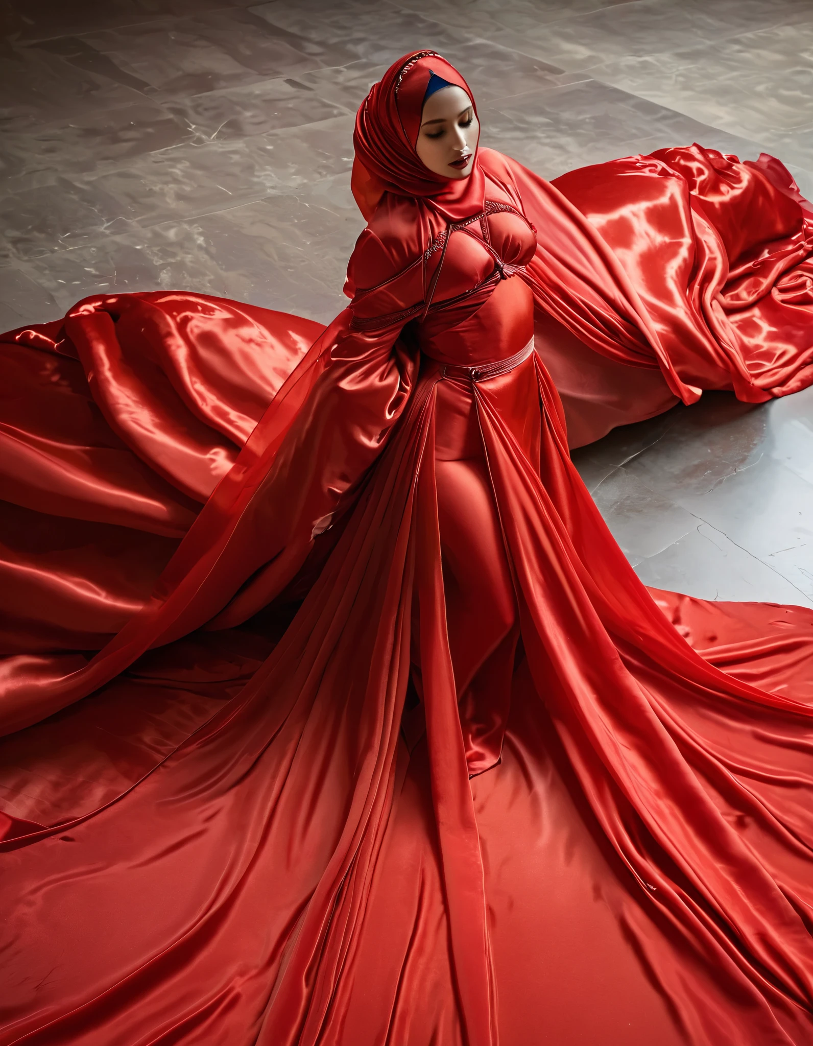 A woman shrouded in a 8-meter-long, plush red transparent satin cloth, tightly bound and grandly draping along the form of her body, flowing off into a pooled floor-length train, styled in a mermaid-inspired outfit, her head modestly veiled in a satin hijab, sexy,175 height woman, dancing in office, a full-body pose conveying a sense of elegance, captured in a 4k resolution, ultra-realistic