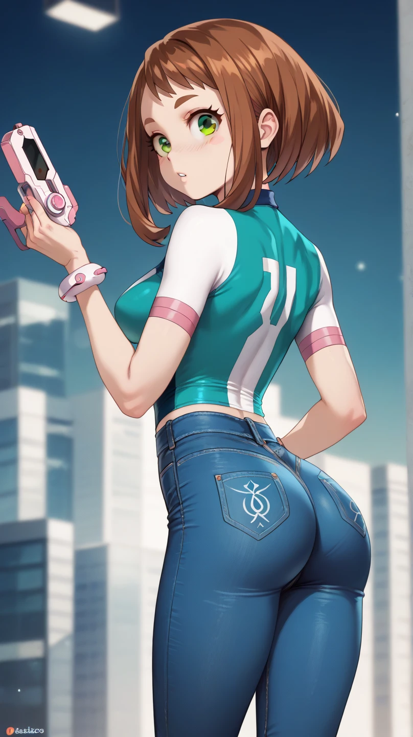 , ochako uraraka, brown eyes, brown hair, short hair, blush, blush stickers, skin tight, slender body, tiny waist. sexy body, sexy figure, slim legs, slim figure, sexy, tiny waist, desireable, tempting, lust, butt, back view, back, dos, fesses , pantalon jeans, poches arrières pantalon, bottes noires 