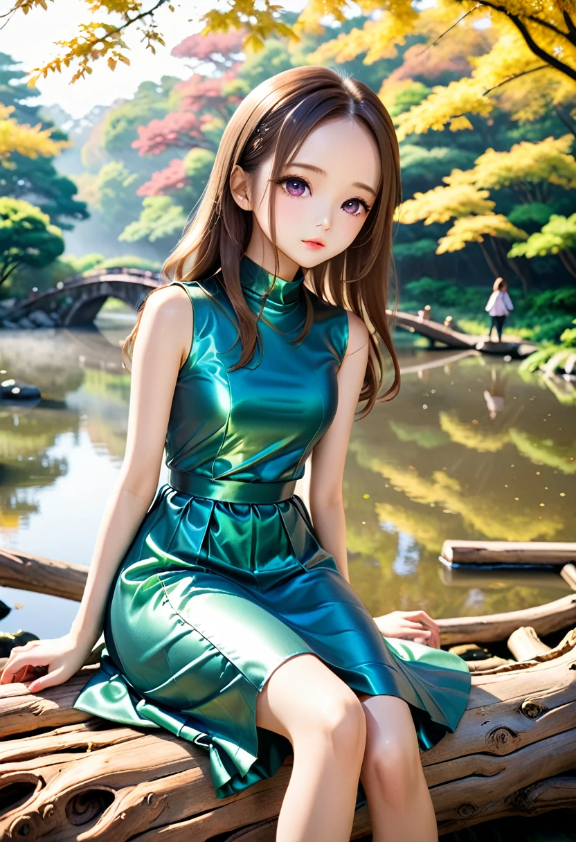 (( old bridge shrouded in fog :1.5、Sitting on driftwood by the pond :1.5))、((Chibi:1.5)), ((((Taken obliquely from behind :1.5、from behind:1.5)), back view:1.5, looking back)),  one girl , ((Top Models:1.5))、 best quality, masterpiece,  ultra high resolution, (Realistic:1.4),  RAW Photos,  complex details,  big beautiful dark emerald eyes :1.5, Perfect Contour, Small face、masterpiece, Silky Long Hair,  ((Blunt Bungs:1.5, forehead:1.5)), (natural makeup:1.5、full lips:1.5, pink lips:1.5, gloss lips:1.5, parted lips1.5), slim、(middle chest:1.2,  firm chest :1.2, High chest:1.5),  (( Extremely soft and relaxed high neck sleeveless metallic satin middle dress:1.5、Shiny super shine iridescent beige dress:1.5)), ((背景は深い old bridge shrouded in fog 、deep forest:1.5、Yellow Leaf 、Late fall afternoon 、Strong backlighting:1.5、Bokeh))