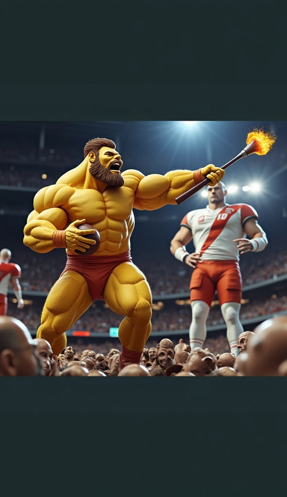 solo, bobcat, four identical heads on one body, balding, gray hair, beards, bobcat ears, bobcat tail, masculine, necks, pixar eyes:1.1, adult, male, 50 years old, by dramamine, fat, short, dadbod, chubby, big belly, sweaty, spotted brown fur, football field background, shirtless, black athletic shorts, big nipples, correct hands, correct anatomy, ultradetailed, best quality, detailed masterpiece, highly detailed masterpiece, 4k, professional cartoon, detailed pose, detailed expressions, shouting, angry, shocked, excited