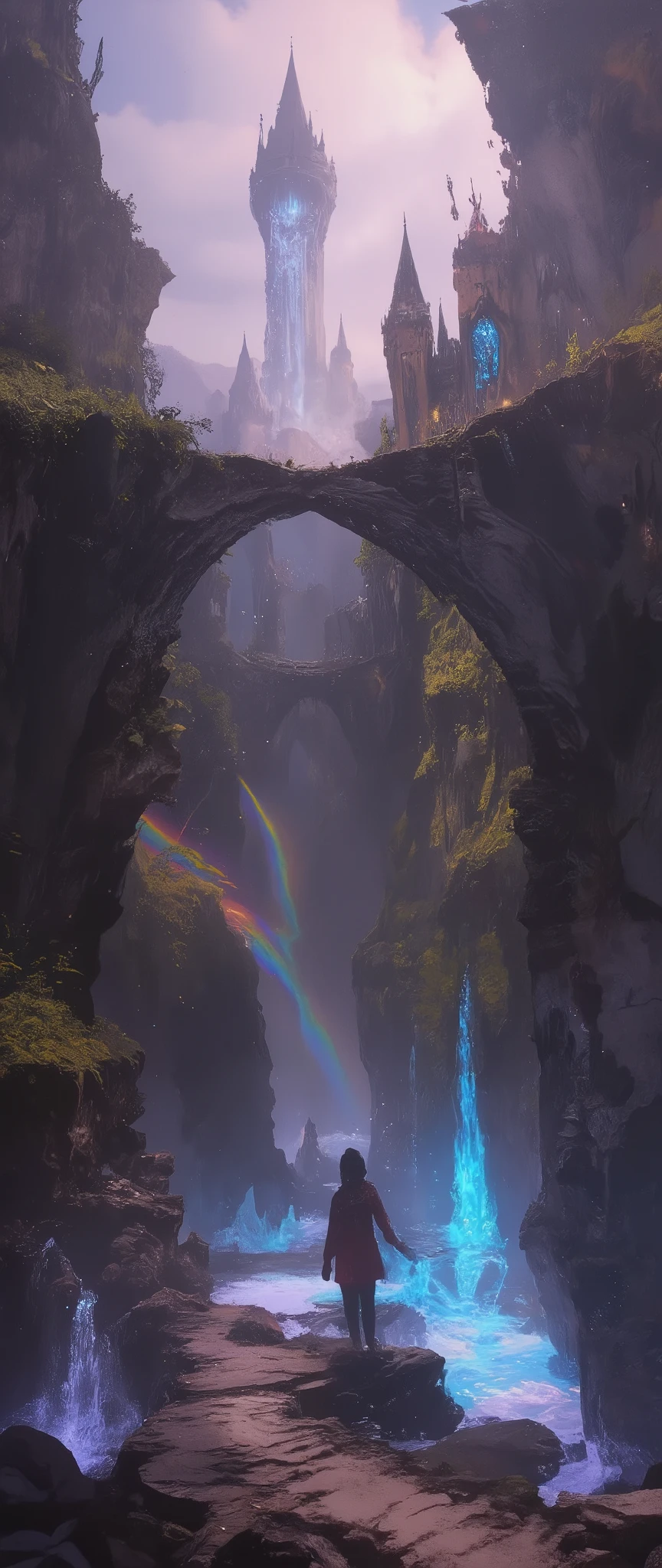 very old bridge\(floating in the sky, on the verge of breaking down, stretches far away to castle from the foreground\) connected to an ancient castle floating in the sky. in the very deep thick fog and very deep thick haze. Dazzling light pours down from the sky and reflects diffusely through the fog.Many rainbows are shining through the mist.