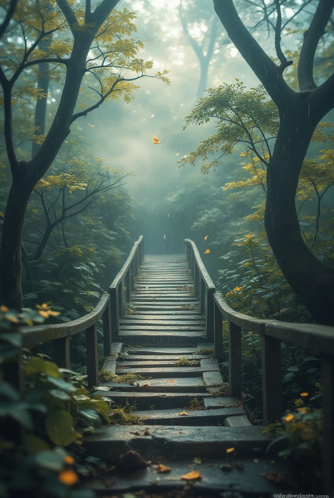 A bridge in a forest in the fog, Kirinaka Nakabashi，rain，Heavy fog,  darkness