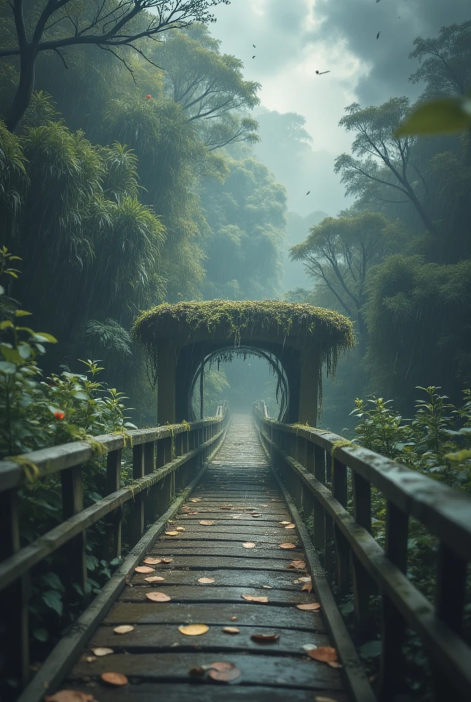 A bridge in a forest in the fog, Kirinaka Nakabashi，rain，Heavy fog,  darkness