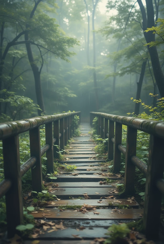 A bridge in a forest in the fog, Kirinaka Nakabashi，rain，Heavy fog,  darkness