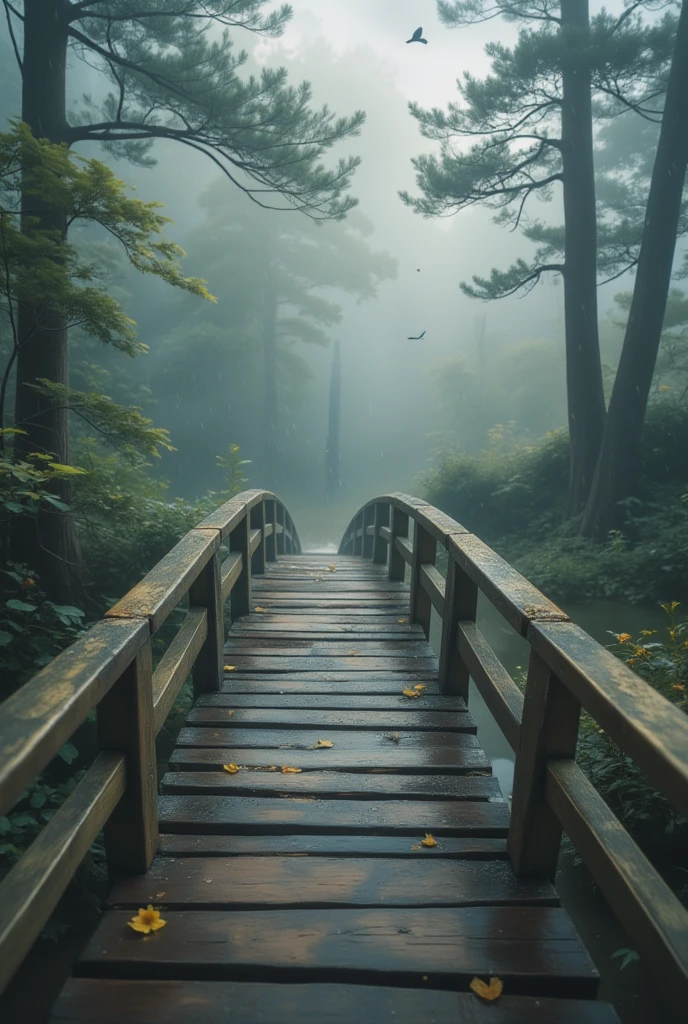 A bridge in a forest in the fog, Kirinaka Nakabashi，rain，Heavy fog,  darkness