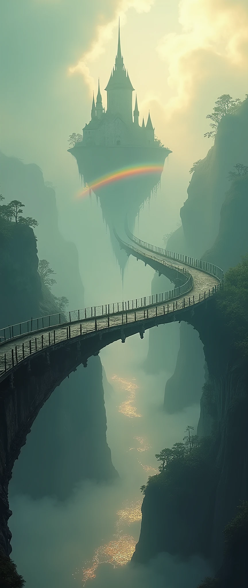 very old bridge\(floating in the sky, on the verge of breaking down, stretches far away to castle from the foreground\) connected to an ancient castle floating in the sky. in the very deep thick fog and very deep thick haze. Dazzling light pours down from the sky and reflects diffusely through the fog.Many rainbows are shining through the mist.