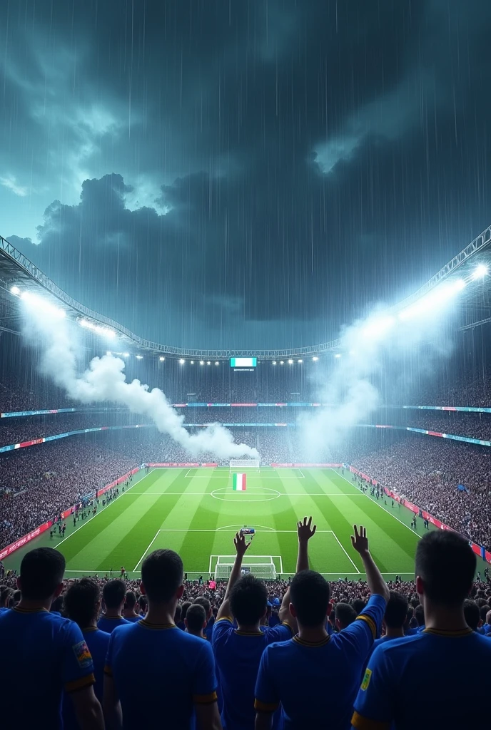 ChatGPT 4th mini Login You said:
Help me create an image of a soccer stadium , at the fans in blue jerseys white smoke flags , and Outside the stadium, a storm is falling and the Italian flag in the middle of the lawn.
ChatGPT said:
Clear GPT Chat! Let's detail the image step by step to make it easier to view and create .
Main Scenario: Football Stadium
Stadium : A large stadium , with capacity for many fans , well lit, but with an atmosphere of tension and emotion .
Fans: The stands are packed, and the fans are wearing blue jerseys , representing a large unified crowd . Some fans are waving white smoke flags , creating a vibrant and exciting atmosphere . White smoke rises and spreads through the stands .
Environment and Climate : Tempestade do Lado de Fora
Storm : Outside the stadium , we see a ferocious storm , with dark clouds and lightning cutting across the sky . The rain is int