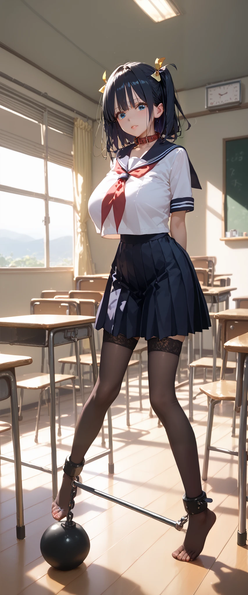 classroom, ((( sailor suit)))、 girl,  The Eyes That Seduce Viewers, Shine, Shine, masterpiece, The sweet taste of temptation, nice, masterpiece,  best quality,  Shadow, S-Core_9, S-Core_8_up, S-Core_7_up、(gigantic breast:1.1)、 black hair、 standing 、(Big Eyes)、(skirt)、Small waist、(Very long legs)、 black stockings、(Breasts covered with clothes)、takeda hiromitsu style、 garter belt 、knee_spreader_bar、(spread legs)、Collar with leash、( hanging from the ceiling)、ball and chain restraint、ankle cuffs、kettleball