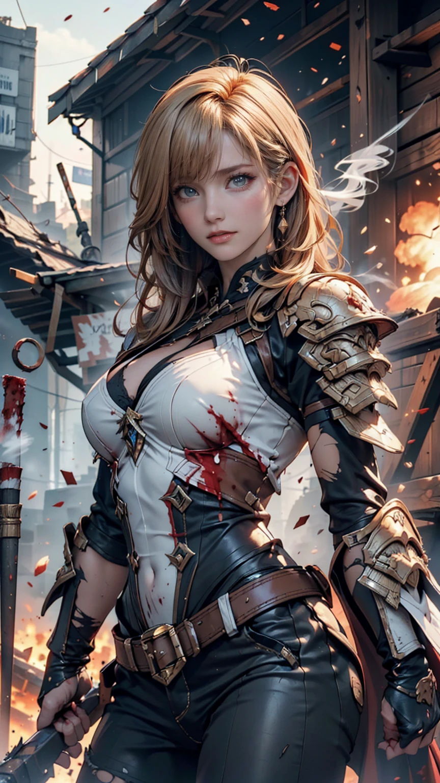  an image of a female Viking warrior, muscular and fierce, standing in a battle-scarred landscape with blood rain pouring down around her. She's got an 8-pack and is wielding a sword and shield, ready to take on whatever comes her way.