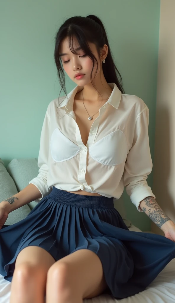 超A high resolution, (Photorealistic:1.4), very intricate,Small bikini type thin lingerie with light blue area,(Dark: 1.2),(flat chest,Covered,((lingerie:1.5)), ,embarrassing smile, Beautiful fece, slim legs stick out, Clothes are exposed,Sexy exposed skin, thin chest ,Japanese,Fancy panties,Tube Top,Cotton panties,B-cup breast, undressed underwear, fine panties, Bra :1.2, No shoulder straps