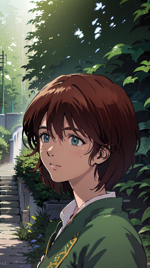 a beautiful detailed portrait of Mana Kirishima, short dark hair, green eyes, detailed facial features, intricate makeup, elegant expression, wearing, standing in a lush garden, sunlight streaming through the trees, vibrant colors, award winning digital art, highly detailed, cinematic lighting, photorealistic, 8k