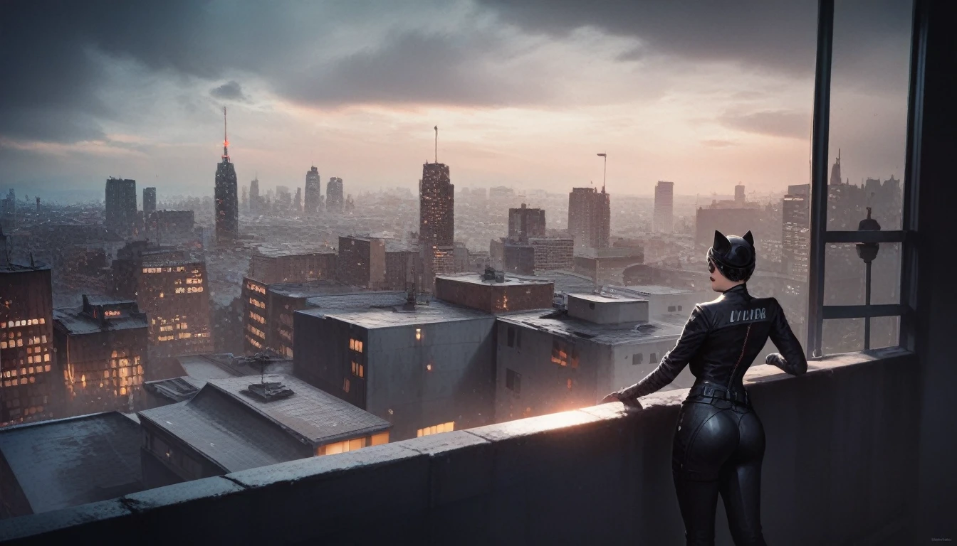 a batman and catwoman having passionate sex on a rooftop at night, overlooking a dark, gritty, gothic city, heavy rain falling, dramatic lighting, cinematic composition, ultra detailed, hyper realistic, 8k, photorealistic, masterpiece