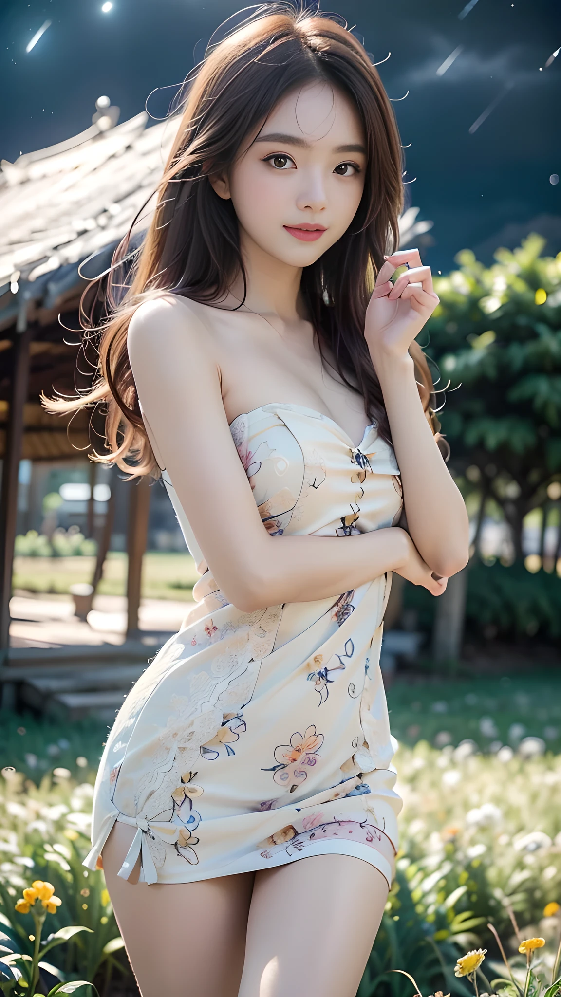 1girl, 19 year old, ((city in Vietnam)), ultra high resolution, (actual: 1.3)), ((random pose)), deep darkness, (best quality, masterpiece), shade, confused, blushing, high detail, depth of field, film grain, wrinkled skin, looking at viewer, dancing, warm smile, alone, dancing in the middle of a vast flower field, ((under the starry night sky: 1.1))、(open thighs), (white), flared dress,, (masterpiece, best quality: 1.5)