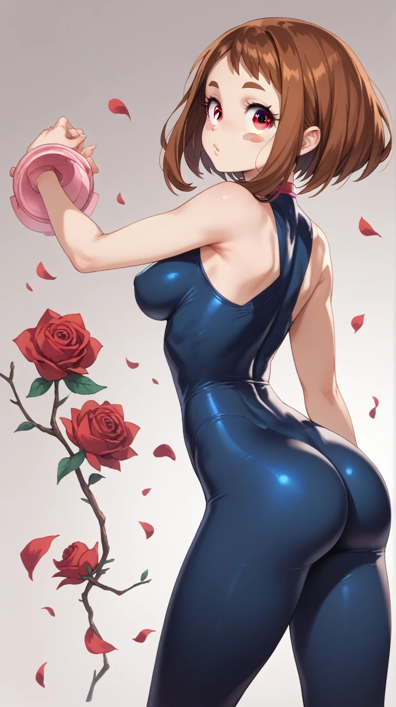 , ochako uraraka, brown eyes, brown hair, short hair, blush, blush stickers, skin tight, slender body, tiny waist. sexy body, sexy figure, slim legs, slim figure, sexy, tiny waist, desireable, tempting, lust, butt, back view, back, dos, fesses , short rose, poche arrière short,  bottes noires 