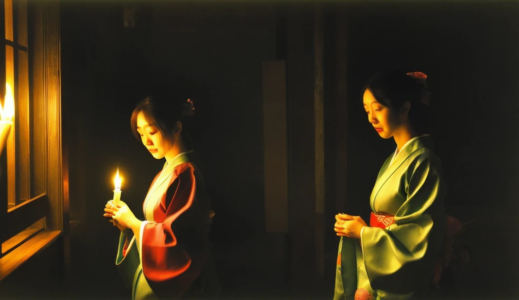 One woman wearing a kimono from the Edo period、Inside a slightly dim Edo period building illuminated by candlelight