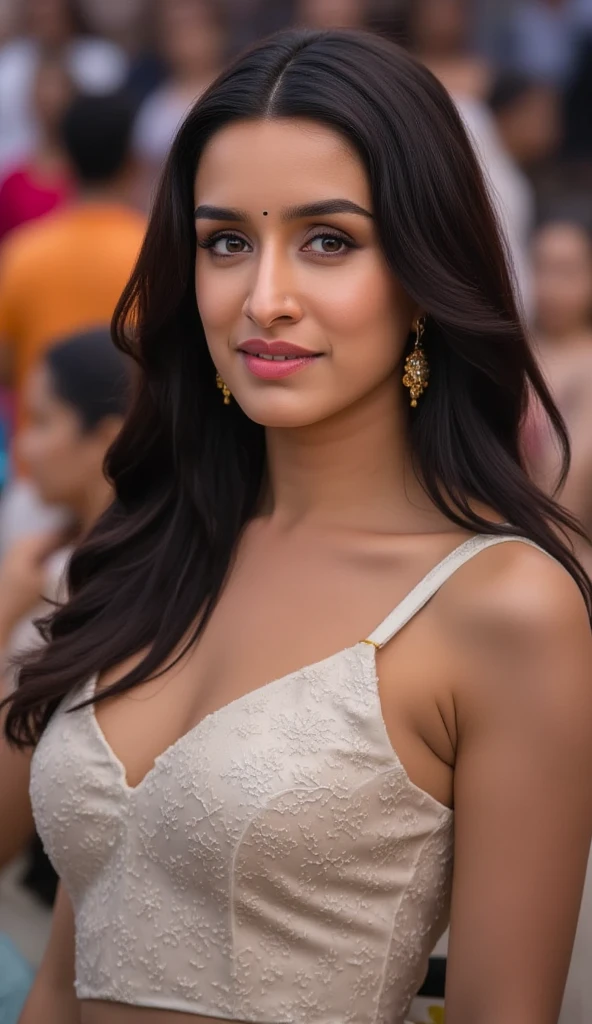 a beautiful sexy indian Bollywood actress, wearing sleeveless chrome plated bra, tight leggings, wet shiny hair, hands on head showing dark hairy armpits, deep cleavage,big large size breasts, big ass, huge ass, beautiful sexy face, celebrity face, full body image, side view, (best quality,4k,8k,highres,masterpiece:1.2),ultra-detailed,(realistic,photorealistic,photo-realistic:1.37),detailed eyes,detailed lips,extremely detailed face,long eyelashes,market setting,colorful market stalls,warm lighting,vibrant colors,intricate details