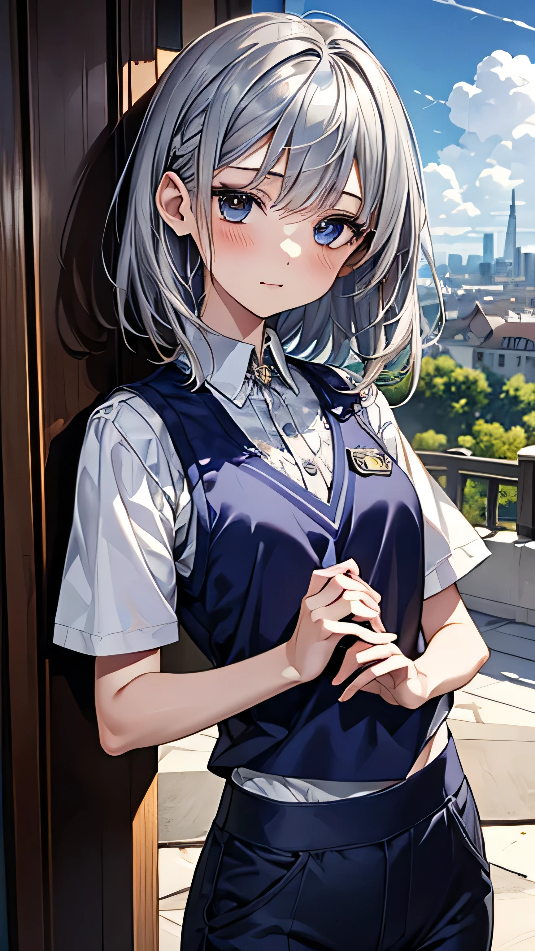 masterpiece、Best Quality、Super detailed、  illustration without a face 、beautiful detailed eyes、 one girl 、cute、  detailed landscape 、Residential area background、( Silver Hair,  Medium Hair :1.4)、((D cup bust, Collared short-sleeved shirt :1.3, navy blue vest with school badge on chest,  navy pants )),Lower the corner of your mouth a little,Touching my neck with my left hand 