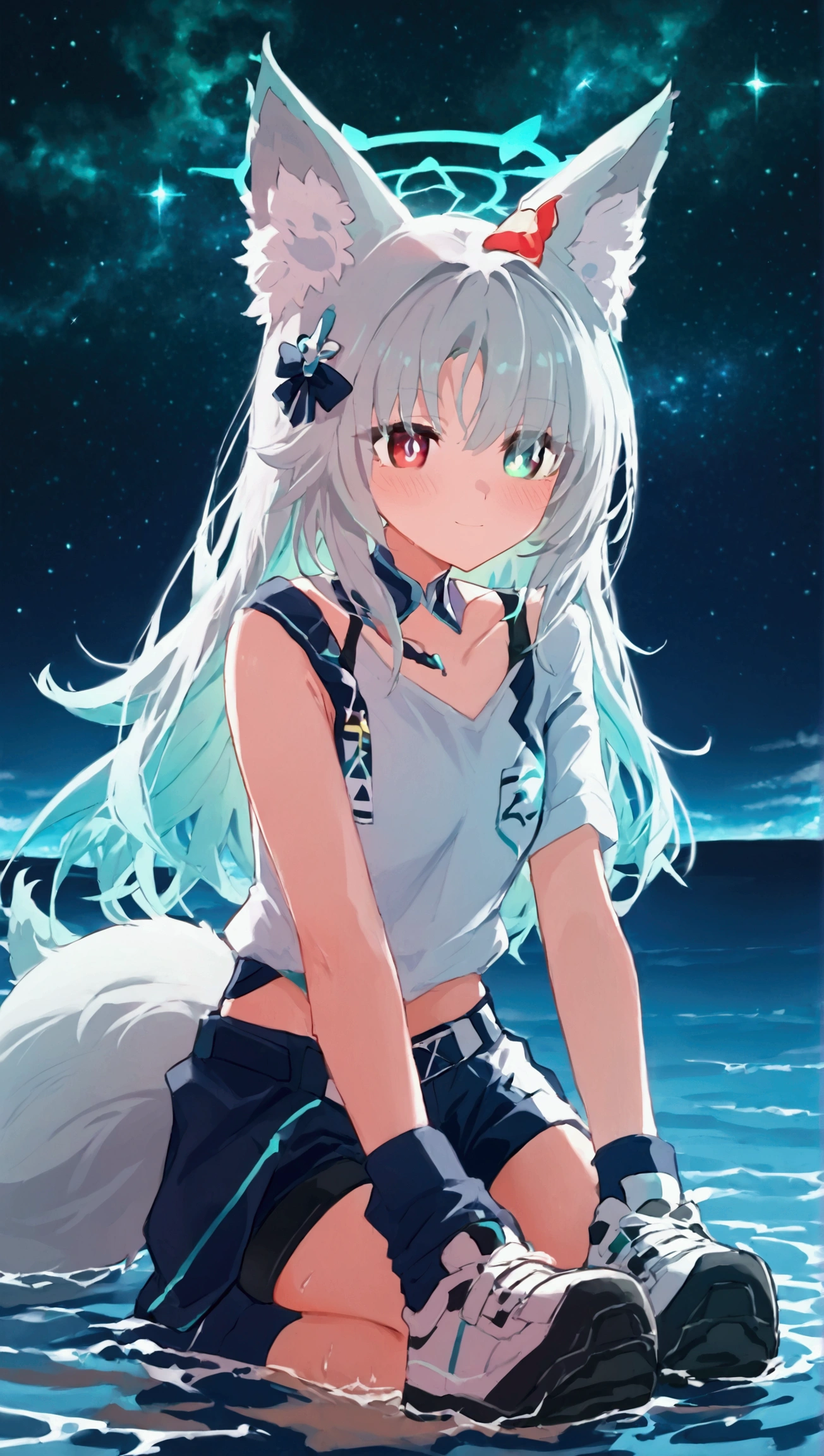 solo, full body, perked fox ears, purple three fox tails, white sport t-shirt, black sport shorts, pink sneakers, blue halo, heterochromia (bluish-green left eye scarlet red right eye), long white hair with soft pink tint, hair over eye, hair on shoulder, sly shy smile,  shiroko_terror_\(blue_archive\), large luminous angelic wings, wakamo, colored-inner hair, bluish-green inner hair, multicolored hair, blue halo, hair ornament, bow tail, cyberpunk, steel sirens, cosmic background, sitting on the water surface of the tranquil oasis shimmering with luminous ethereal colors, large sniper rifle on the belt slightly below the tails, 