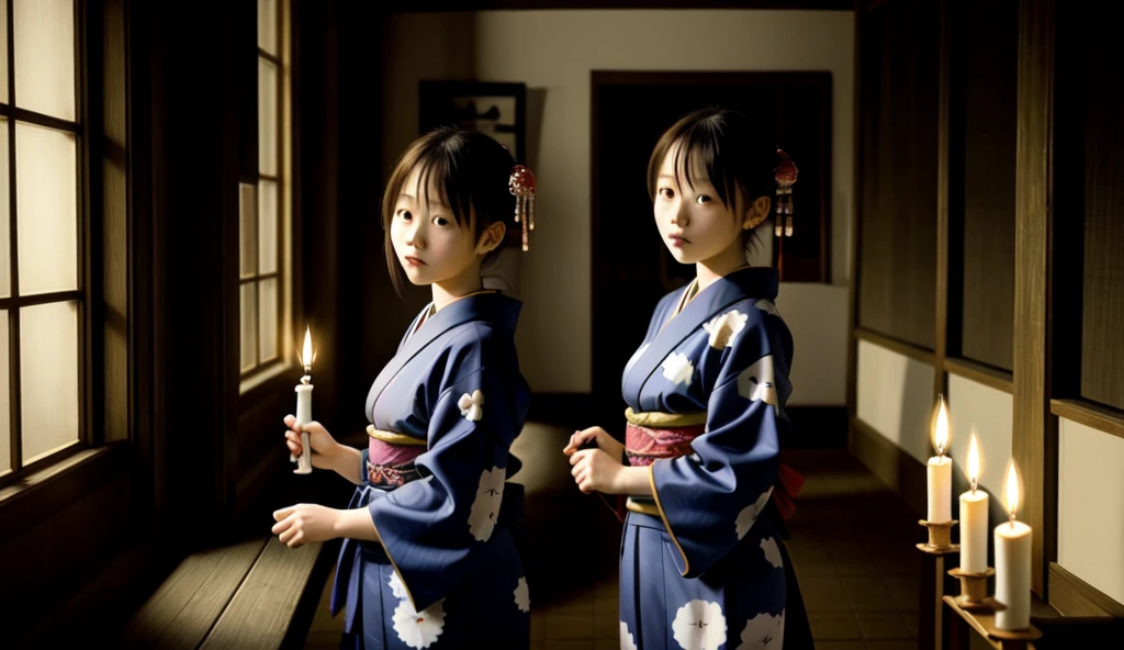 One woman wearing a kimono from the Edo period、Inside a slightly dim Edo period building illuminated by candlelight