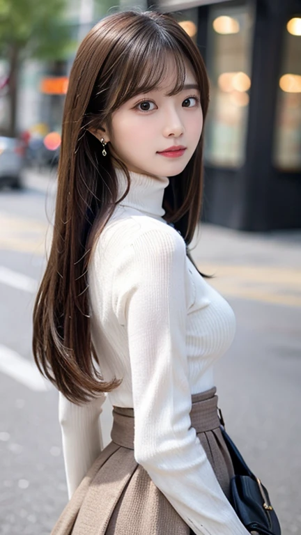 cute looks and a cute beautiful girl, beautifulface,length,  metallic straight hair  、beautiful,  cute eyes hidden in long bangs ,  small face、(  High School Girls :1.2), white skin、 small breasts,(Blurred Background 1.3), earrings for a woman alone、 Necklaces 、( turtleneck:1.3),( long skirt:1.3),( high waist :1.3)、( sexy pose:1.3)、(Composition from behind:1.3)
