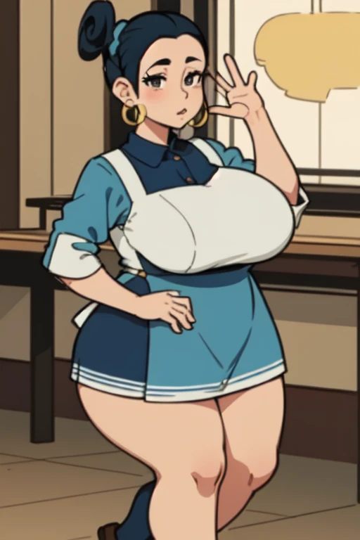 She is a short, rotund Mexican American woman with tan skin, dot eyes, short black hair, rolled into a bun, and golden circular earrings. She wears a navy blue dress, with a white collar, as well as having white on the end of the sleeves  (thick thighs:1.0, huge breasts:1.0), a greenish blue apron, and black shoes,short,plump,elderly granny,Rosa Casagrande,navy blue dress,brown skin,black eyes,black hair,