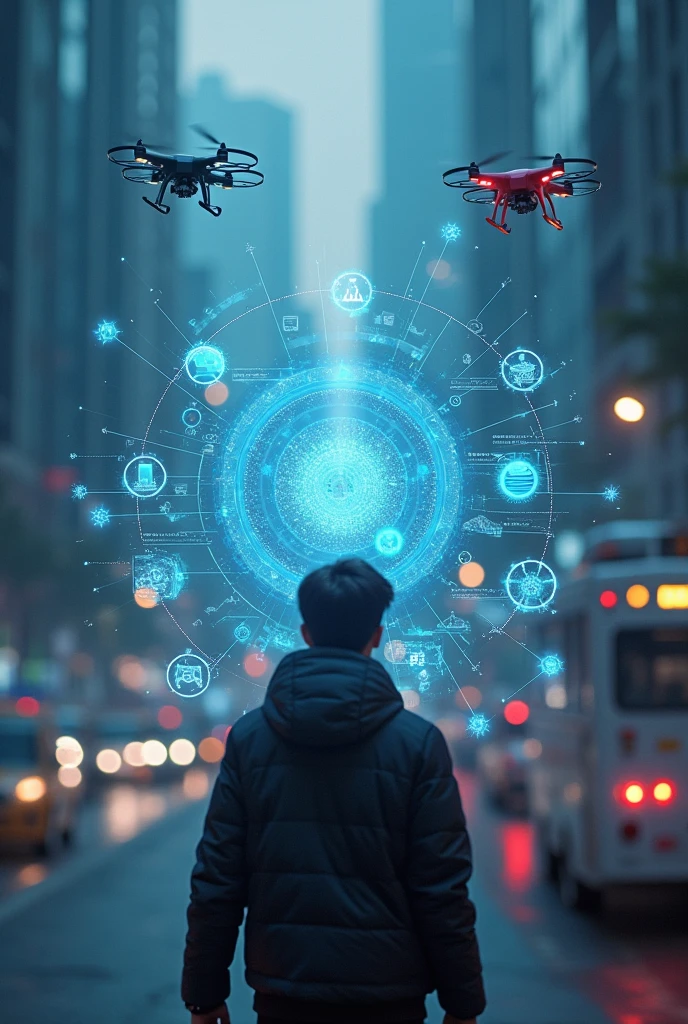 "Create a futuristic image , fly around them where a person interacts with a holographic artificial intelligence interface. Drones and other high-tech devices , and the background represents a modern city of the future ."