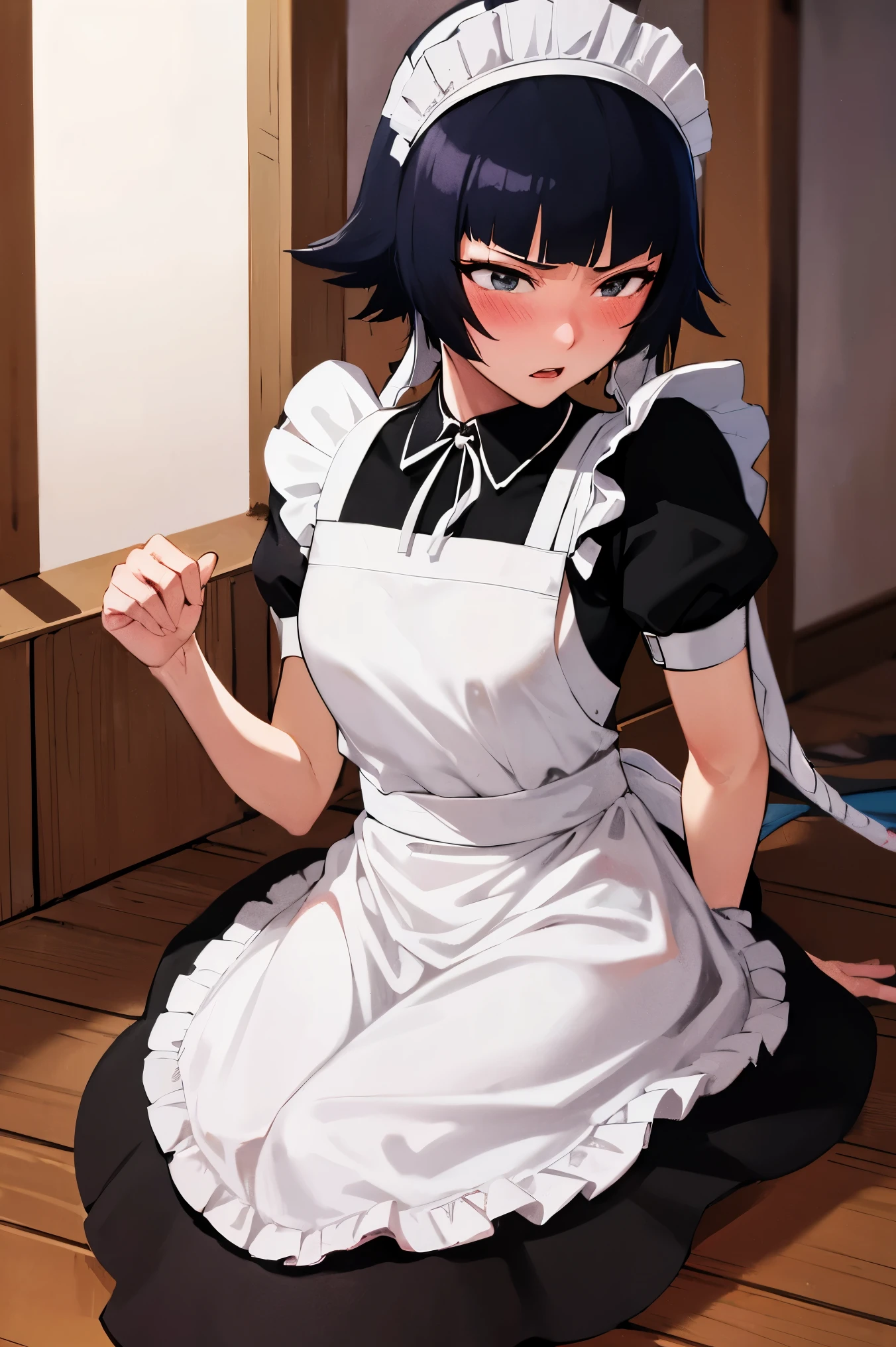 NSFW,masterpiece, best quality, high definition , very detailed,Soi Fon, shorthair 、 long hair,( maid clothes:1.5), maid headband ,Embarrassed,blush