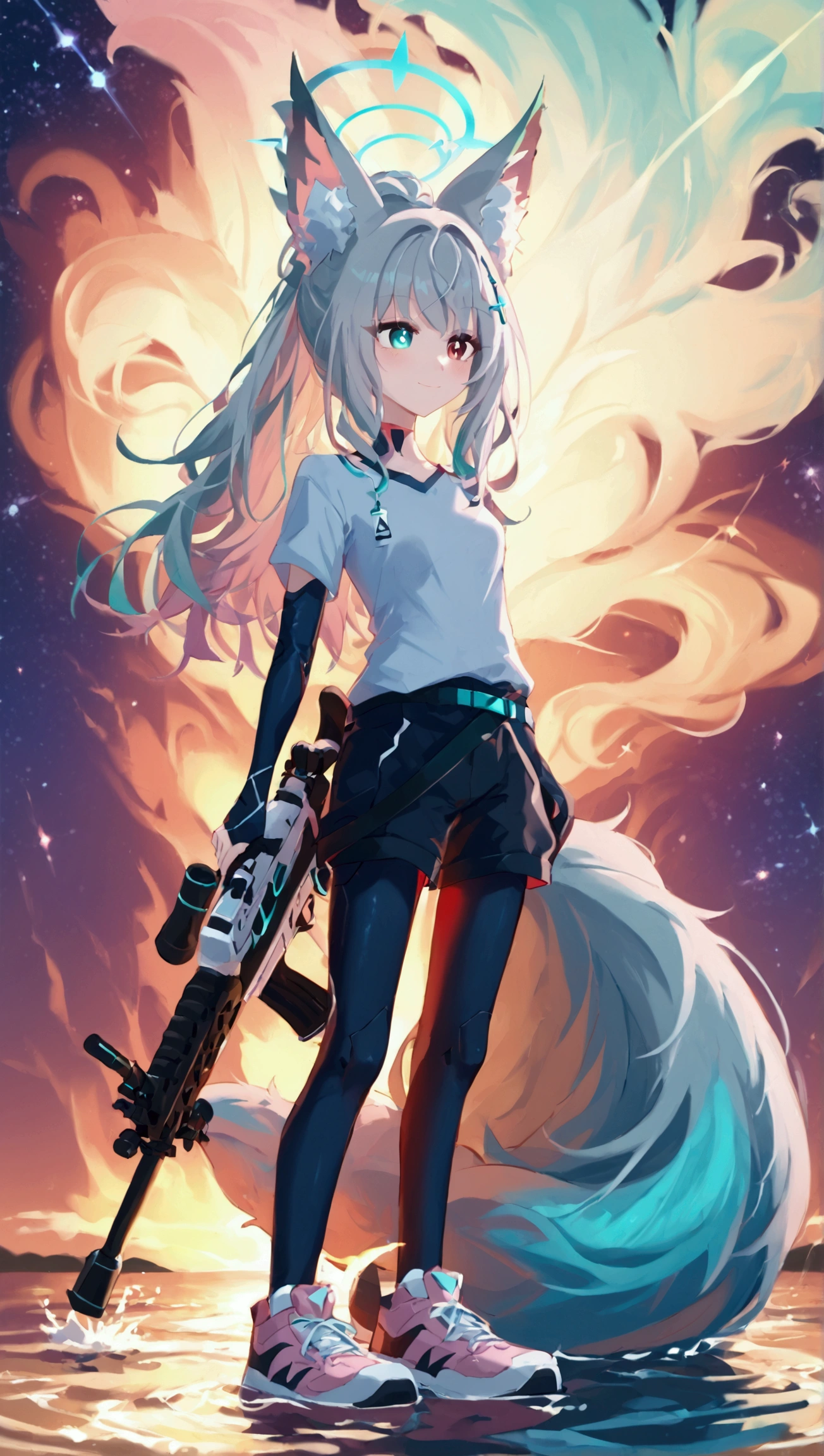 solo, full body, perked fox ears, purple three fox tails, white sport t-shirt, black sport shorts, pink sneakers, blue halo, heterochromia (bluish-green left eye scarlet red right eye), long white hair with soft pink tint, hair over eye, hair on shoulder, sly shy smile,  shiroko_terror_\(blue_archive\), large luminous angelic wings, wakamo, colored-inner hair, bluish-green inner hair, multicolored hair, blue halo, hair ornament, bow tail, cyberpunk, steel sirens, cosmic background, standing on the water surface of the tranquil oasis shimmering with luminous ethereal colors, large sniper rifle on the belt slightly below the tails, 