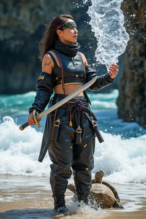 (masterpiece, best quality: 1.2), 1 Caribbean girl, brown hair (Dynamic posture: 0.8), (solo: 1.5), (beautiful pirate photo: 1.2), (side: 0.8), (thigh: 0.3 ) , (((long hair ))),(((blue hair ))), (((pirate costume))), (wind:1.5), (famous and beautiful model), cinematic lighting, she smiles, port tropical, galley, in command of the con, pirate of the caribbean