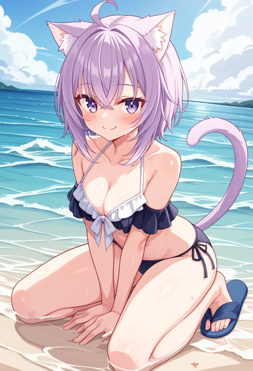  super precise illustration 、Delicate illustration 1 girl、hololive、Nekomata okayu、 animal ears 、solo、Purple Eyes、Purple Hair、Cat ears、ahoge、 animal ears の綿毛、chest、Hair between the eyes、Cat Girl、evening、beach、sunset、bikini、 swimsuit、 flip flops through the waves、wind、Smiling Kindly、null、sunset、Water&#39;s Edge、 standing