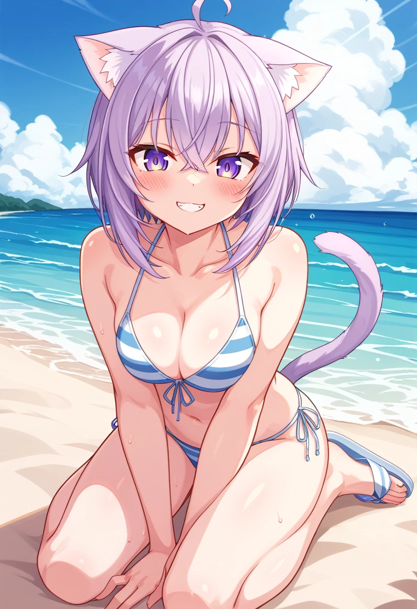  super precise illustration 、Delicate illustration 1 girl、hololive、Nekomata okayu、 animal ears 、solo、Purple Eyes、Purple Hair、Cat ears、ahoge、 animal ears の綿毛、chest、Hair between the eyes、Cat Girl、evening、beach、sunset、bikini、 swimsuit、 flip flops through the waves、wind、Smiling Kindly、null、sunset、Water&#39;s Edge、 standing