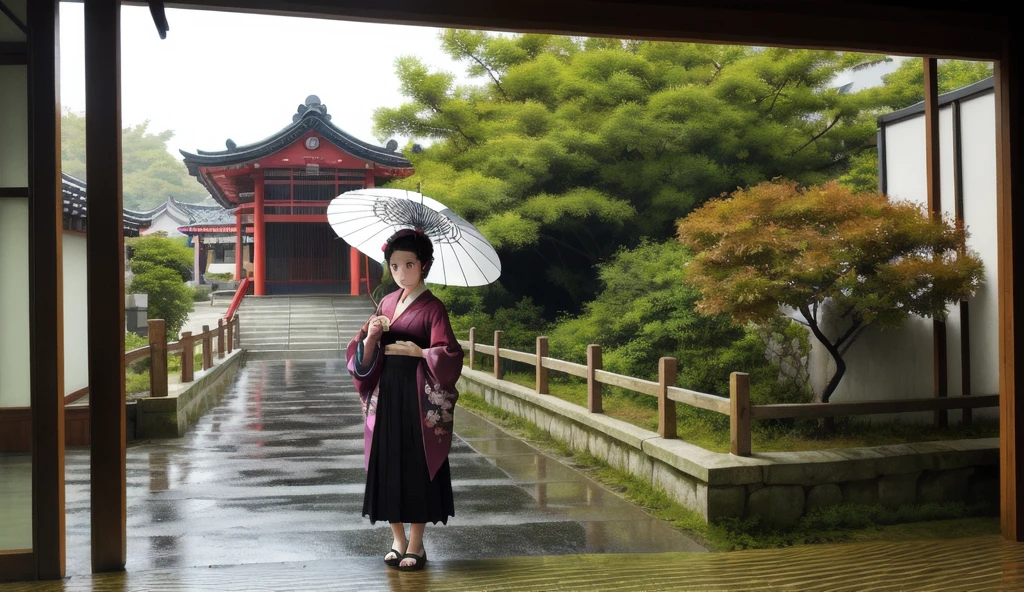  1 girl, Alone, Hair accessories,  Long Sleeve ,  standing , whole body, Outdoor, japanese clothes,  solo focus ,  wide sleeve , kimono, Black shoes,  dark eyes, tree, leaf, umbrella, Sandals,  A bun with one hair,  Building,  similarly , scenery,  similarly  skirt, walk, rain, rock, holding umbrella,  fence, can, oil-paper umbrella, Architecture,  wide shot, east asian Architecture, Photo Background, stone, Tamamura 