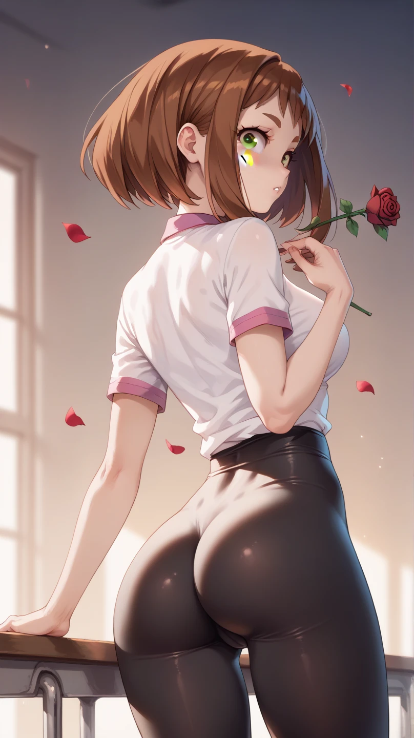 , ochako uraraka, brown eyes, brown hair, short hair, blush, blush stickers, skin tight, slender body, tiny waist. sexy body, sexy figure, slim legs, slim figure, sexy, desireable, tempting, lust, butt, back view, back, dos, fesses , short marron, tshirt rose, dos,  bottes noires,  , elle est courte