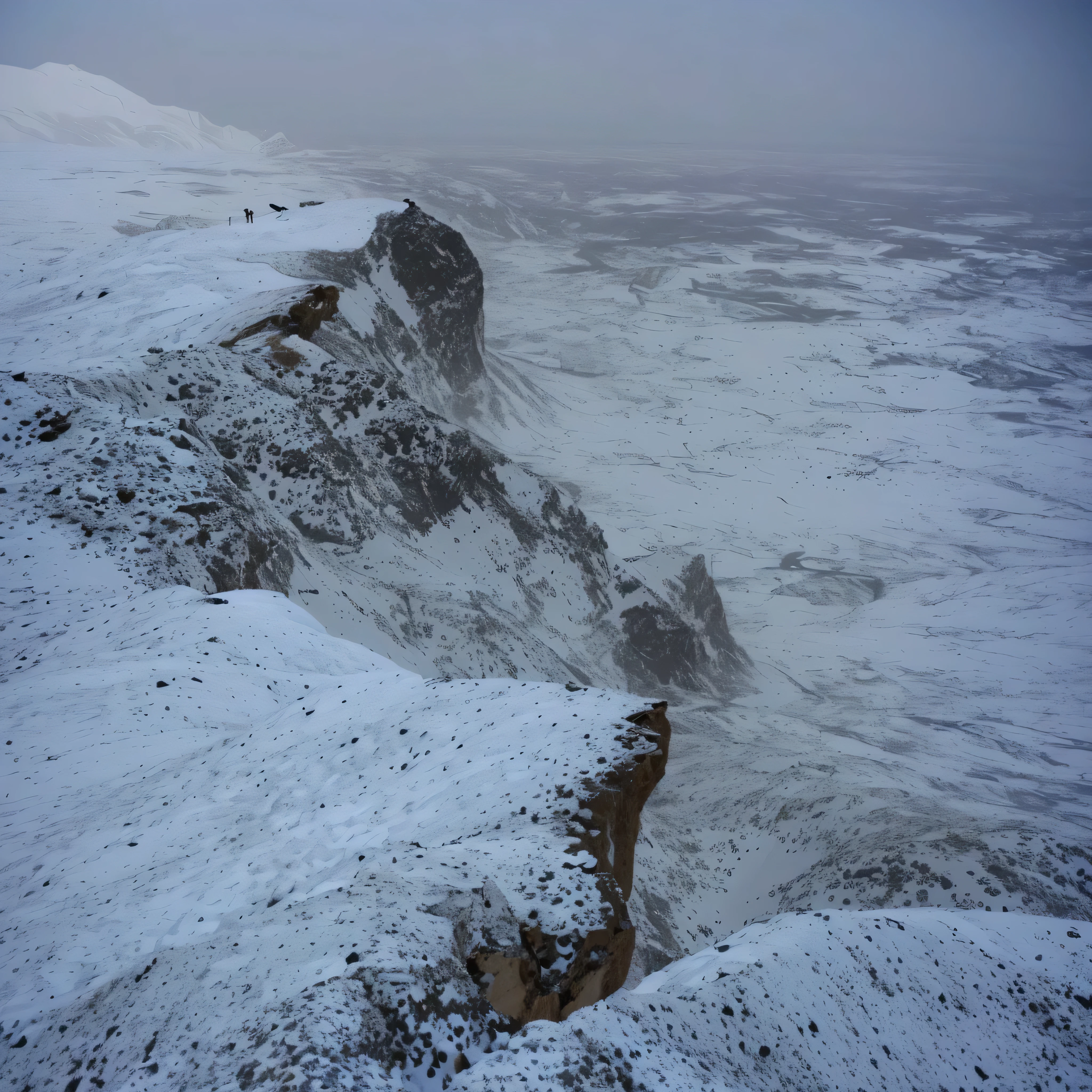 no human, landscape, (ice world), (ice age), looking down peak of ice cliff, higher than overcast, blizzard