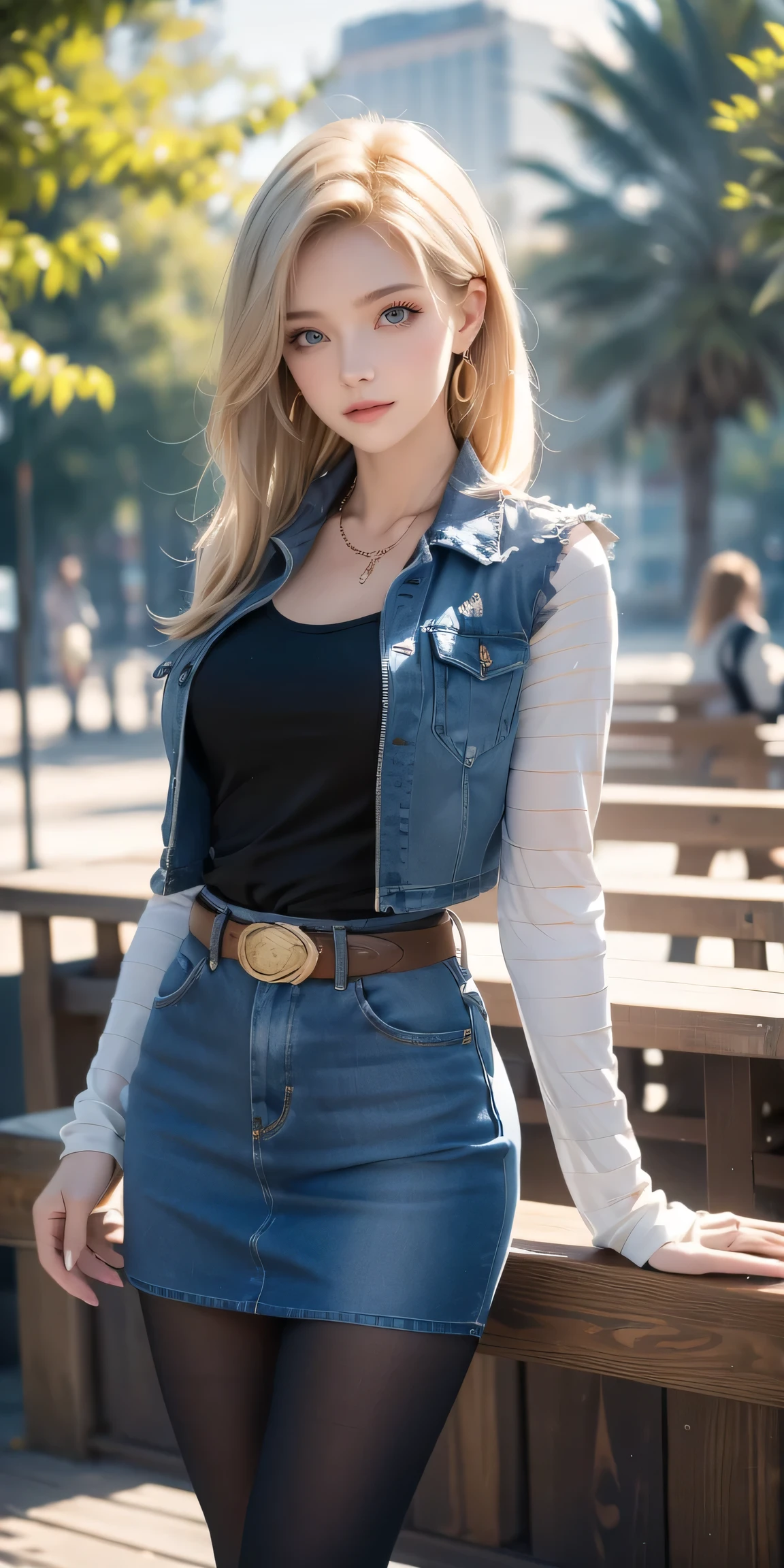 Woman in denim circa 1880s, Long straight blond hair, Brown eyes, High arched eyebrows, Slender and graceful neck, Red lips, Large Breasts, Brown Leather Leggings, Sleeveless Brown Leather Vest, Leather Boots, Walking on the dusty sandy streets of a deserted North American town,The wind blew through her hair, Practical, photoPractical, photoPractical, Fear, Dark atmosphere and dramatic lighting, Deep Red, Foggy environment, Detailed facial expressions, Heavy fog
