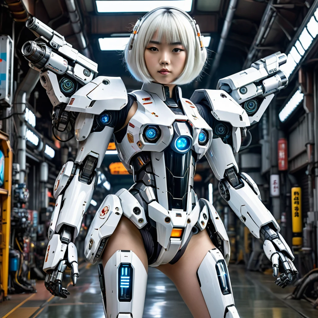 (Raw quality:1.4), Wide-angle shot, 1 female, Mecha, Sparkling Blue Eyes, Very cute face, (Realistic:1.37), バイオMechaニカル, Complex robot, Spaceship interior bokeh background, Ultra-realistic, Very detailed, Very intricate detail, Beautiful woman in sharp focus, Woman Restrained By Machine, Exposed belly, crucifixion, spread_arms,