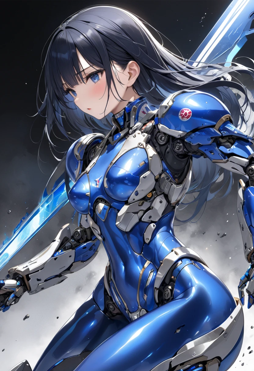 Female Combat Robot、 shiny blue metal body、  long black hair 、 feminine body line、 pubic skin、