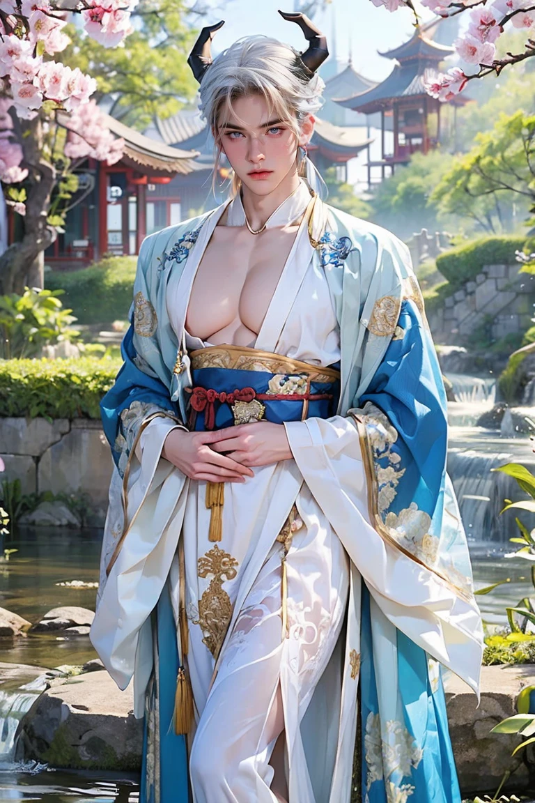 male, (1 boy), masterpiece, best quality, extremely detailed CG unity 8k wallpaper, Elegant short white hair, man's hairstyle, (Mckenna Grace), ((huge boobs,thighs)), long silver Dragon Horns, The blue Chinese clothes is made from thin silk, light and airy, with the white skin inside dimly visible. The deep neckline design makes more than half of his's breasts exposed. The tassels of the breastwork sway in front of the big boobs. The clothes is ankle-length and completely covered, but the sides have slits that reveal his long, slender legs and white buttocks when moving. a stream in background, spring
