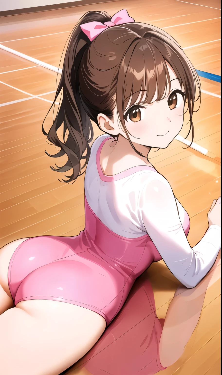 the beautiful female anime character is lying on the ground on the hardwood floor, 1girl, leotard, pink leotard, wooden floor, athletic leotard, reflection, brown hair, solo, breasts, bangs, smile, looking at viewer, hair bow, on stomach, bow, brown eyes, ass, lying, gymnastics, blush, ponytail, medium breasts, on floor, closed mouth