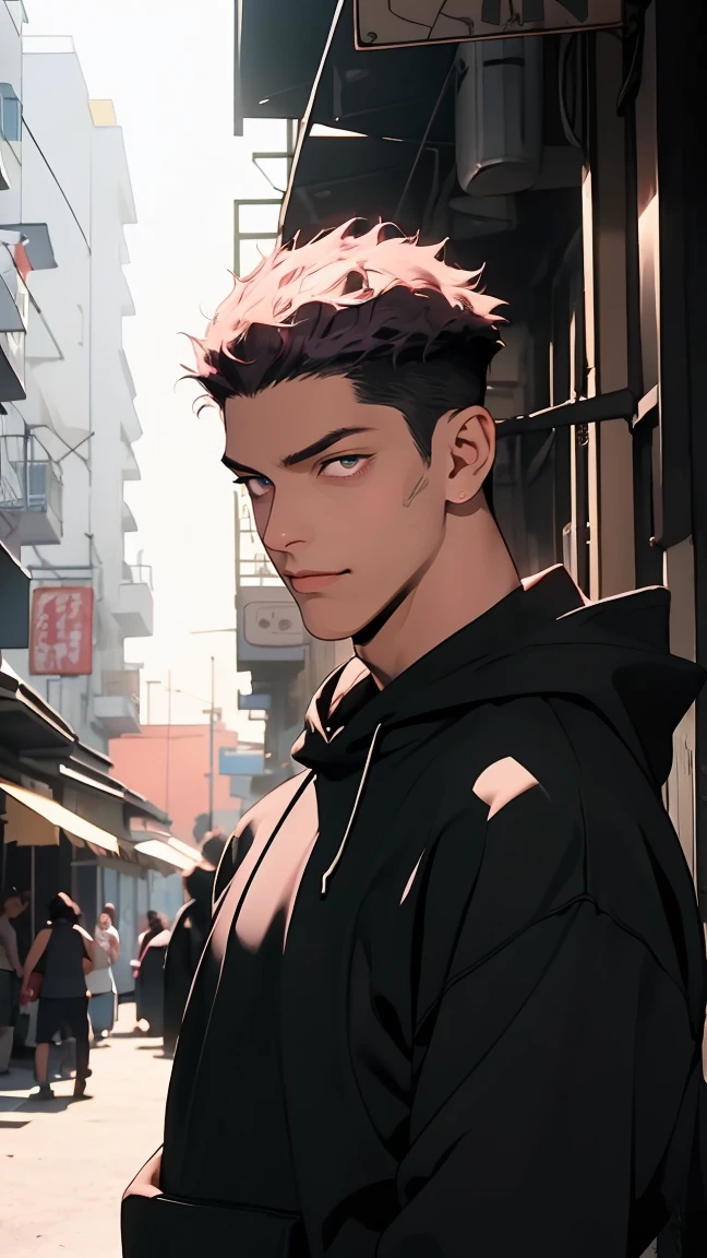 highest quality, 8K, high resolution image, anime style Jujutsu Kaisen, detailed strokes, (close angle), bored look, blurry, purple light reflecting from it, 1 man, male, model, cool guy, strong Man, tall man, broad toned shoulders, well-defined body, multicolored background with different geometric shapes, around stickers, muscular, darkpink hair, darkpink short hair hairstyle: undercut, puffy chest. glowing eyes, green eyes, green glowing eyes, bored look, handsome guy, smile, he is wearing a large hoodie and black sweatpants, socks,, black sweatpants and gold link chain, sweatpants, shaved body, hand in trouser pocket,, he is dressed like a ninja, Background: city,alley in a city, walks through a market alley, there are stalls to the left and right of the alley