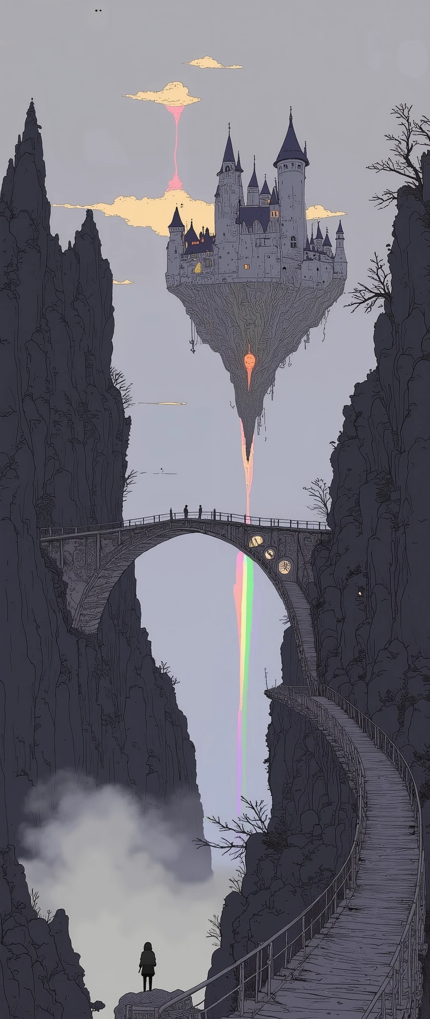 
An old bridge stretches far away from the foreground, leading to an ancient castle in the sky, Surrounded by deep fog and haze. Dazzling light pours down from the sky and reflects diffusely through the fog.Many rainbows are shining through the mist.