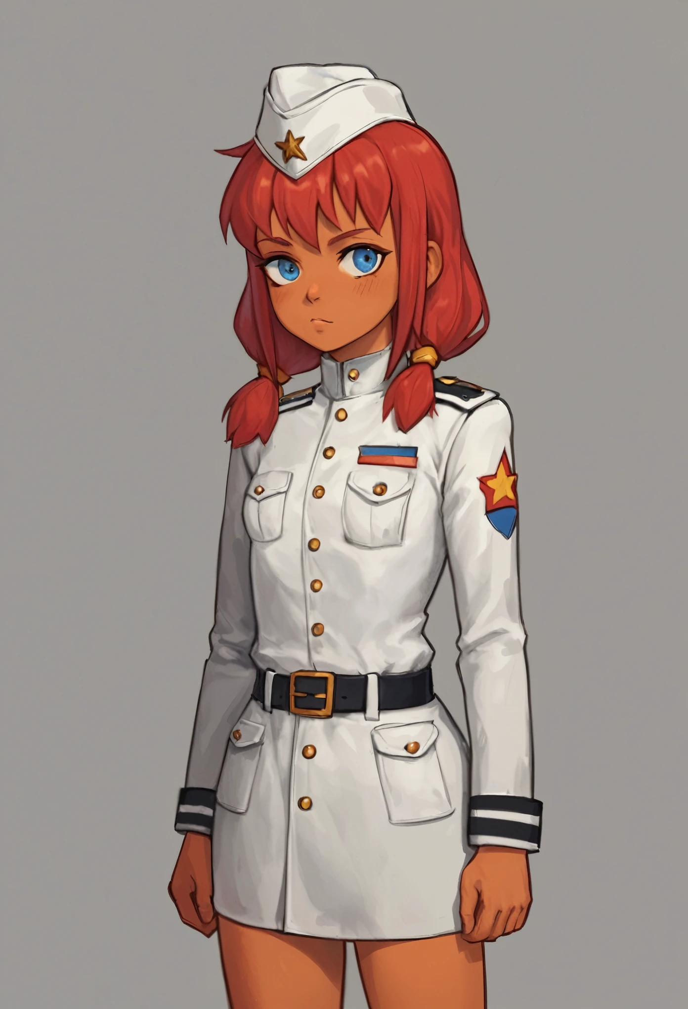 score_9, score_8_up, score_8,masterpiece,1girl, blue eyes, solo,ulyana,low twintails, red hair,tanned skin, small breasts,
Soviet Military uniform, skirt, belt, garrison cap,(white uniform:1.4)  