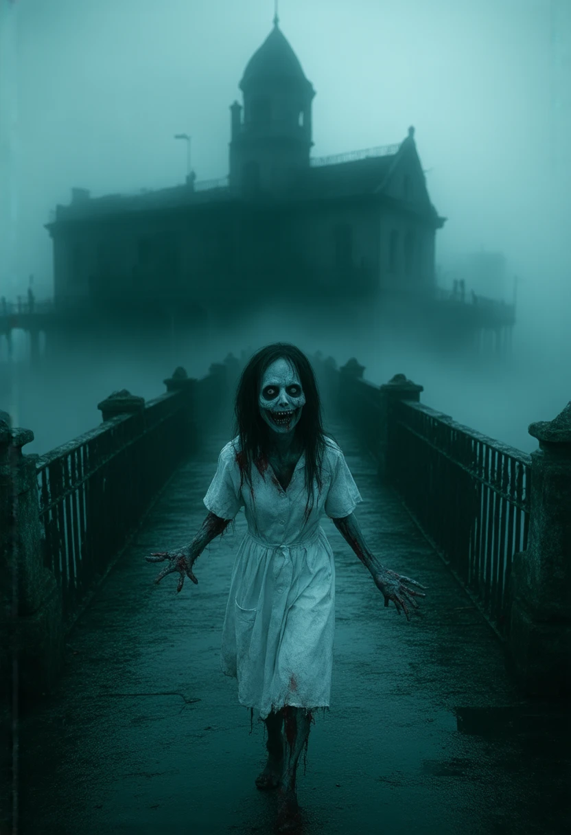 Ancient Bridge in the Fog, Abandoned hospital, female nurse zombie in the fog, Come running here,