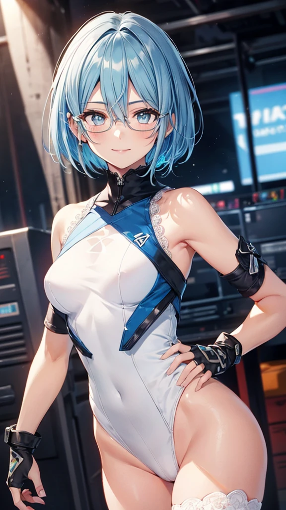 (Upper body),nico, 1girl,solo,light blue hair,short hair,glasses,(white leotard:1.3),cameltoe,sleeveless,fingerless gloves,lace-up boots,thighs belt,smile,masterpiece,Noise Reduction,perfect anatomy,high resolution, ultra-detailed, ultra-detailed face,game cg,dutch angle ,beautiful detailed eyes,visualart,five fingers, perfect hands, perfect lighting, sparkling pupils,(highly detailed:1.5),