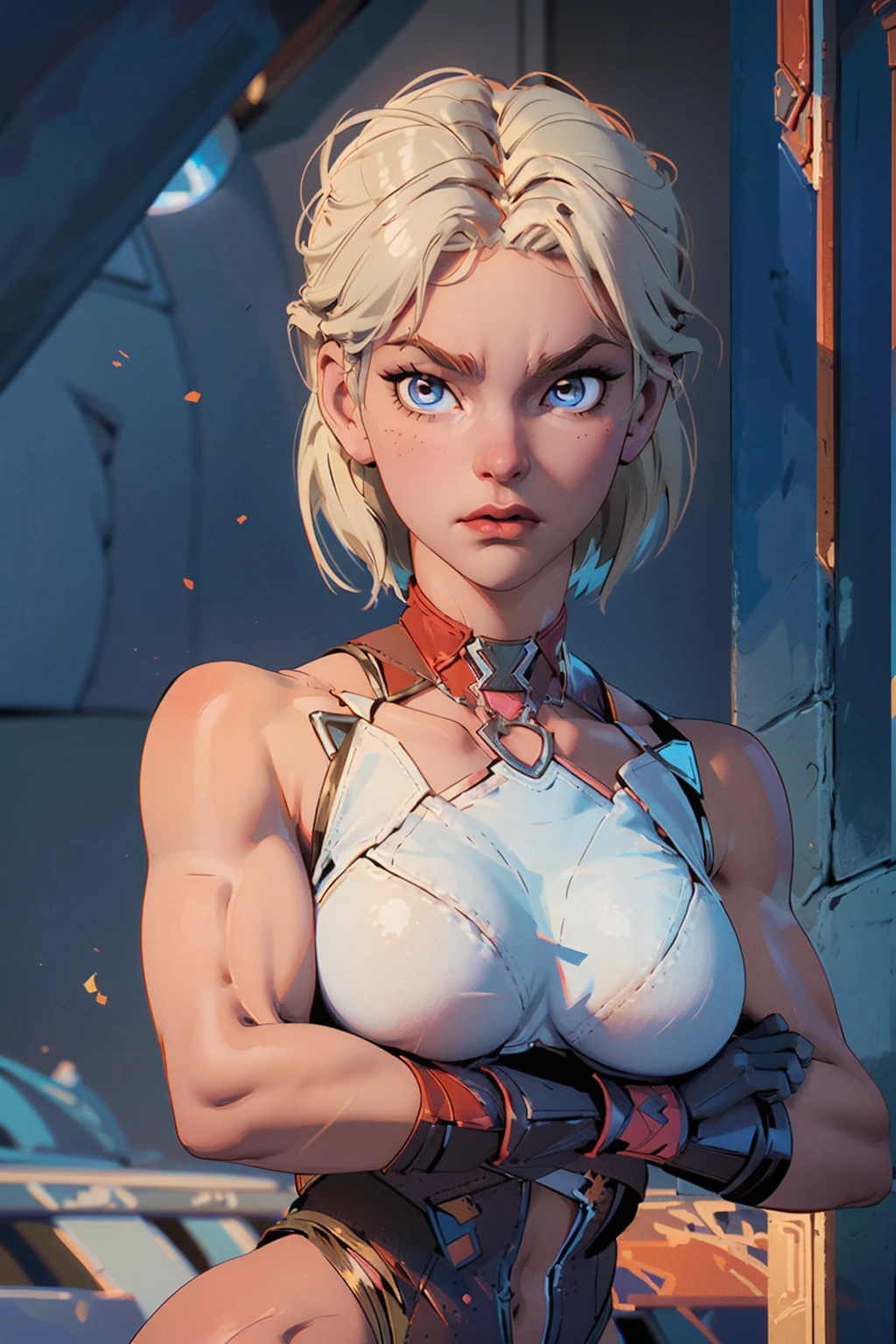 ((Best Quality)), (Very detailed: 1.3) (head touching ceiling:1.1), supergirl, injustice 2, shot from bellow, short hair, defined body, (big breasts:1.4), (macrogts:1.3), (muscular woman:1.4), small head, dramatic rim light