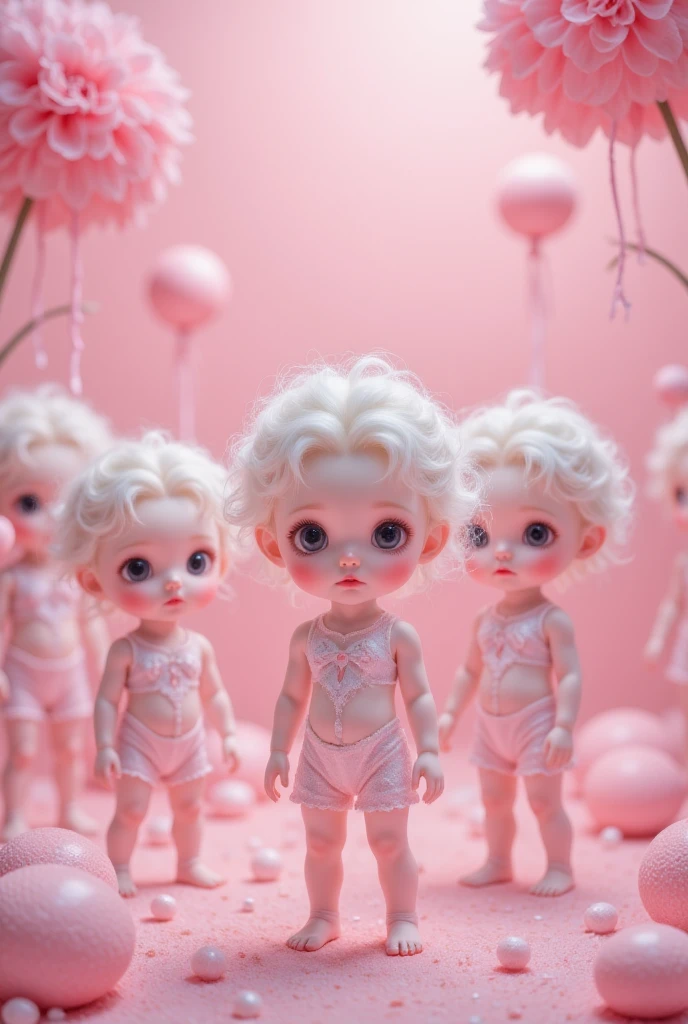  light blue and red color scheme，Pink nipple，Small stature，Small，White curly hair, high detail,  is the best quality,  Dinner details, Detail eyes, Pink ,  background, 5/6 bodies , Hair on the nipple 