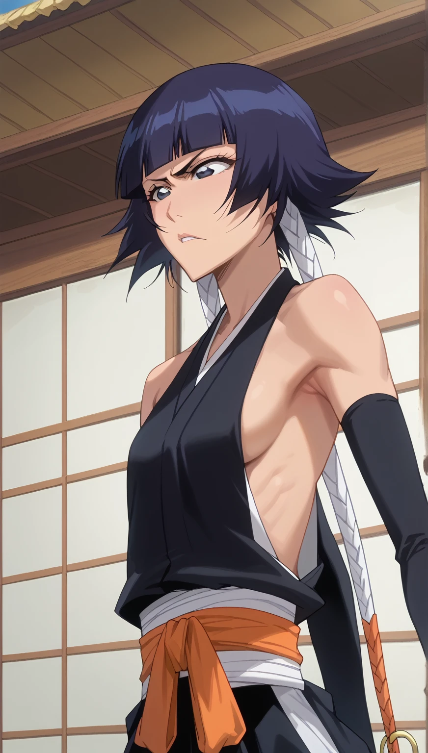 whole body、、     sweated、   、close-up、、、Soi Fon、 、Bleach、Bleach、Black Hair, 1girl, breasts, soifon, japanese clothes, sideboob, hip vent, detached sleeves, bare shoulders, small breasts, armpits