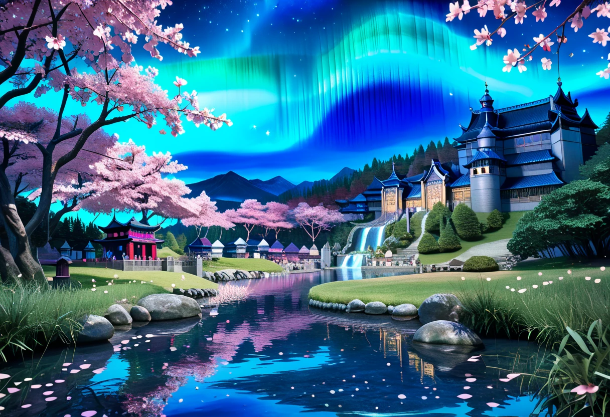 score_9, score_8_up, score_7_up, 3d, (Scenic Background, View of a Japanese Style Castle, Surrounded by a lake, Cherry Blossom Trees, aurora and stars fill the night sky: 1.3), extremely detailed, ray tracing, RTX, high saturation, high contrast, photon mapping, (sharp image), (best quality), (detailed background), (intricate details), (lowkeylights_v2), (Dark), (Low-Key)
